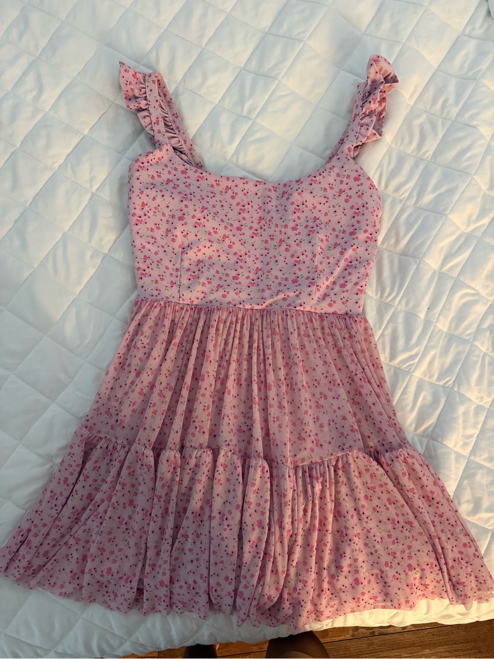 Pink Floral Ruffle Strap Dress